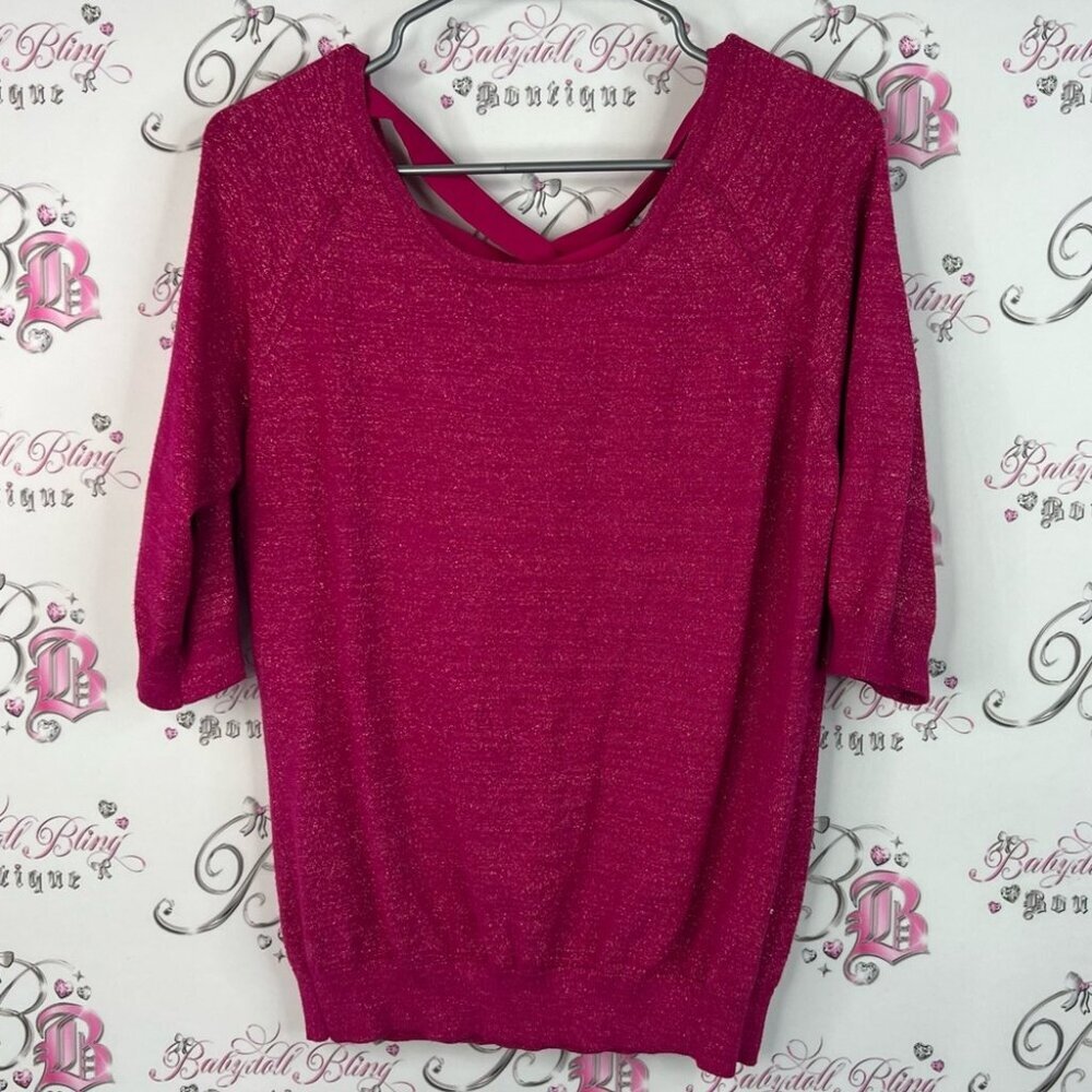 Reitmans sparkly strappy criss cross back pink Fuchsia Crew Neck Sweater